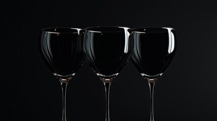 Three elegant black wine glasses on display.