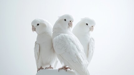 Three elegant white birds perched together.