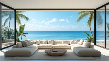 A large living room with a view of the ocean
