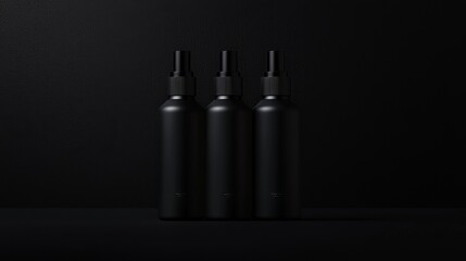 Fototapeta premium Three sleek black bottles on a dark background.