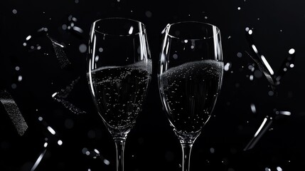 Two shattered glasses with sparkling liquid.