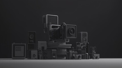 Vintage cameras in a dramatic black setting.