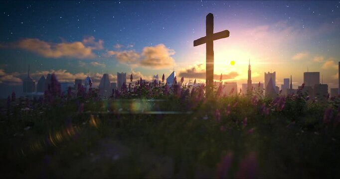 Big wooden cross on a flowering hill in front of the city with moving clouds on blue starry sky. Easter, resurrection, new life, redemption concept. 4k