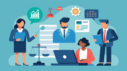 As they prepare for a negotiation a legal team uses an AI tool to quickly analyze data from previous settlements and verdicts to inform their strategy.. Vector illustration