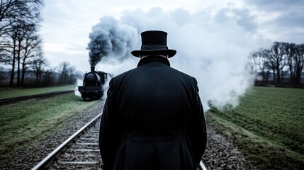 Man awaits steam train, rural landscape, somber mood, historical film