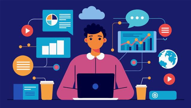 At a digital media company AI systems are constantly analyzing user behavior and synthesizing data to create personalized content and adver.. Vector illustration