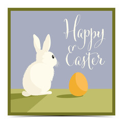 Colorful Easter greeting card, cover, poster, label, flyer, banner with a adorable white bunny and yellow egg on vibrant blue and green background, vector illustration