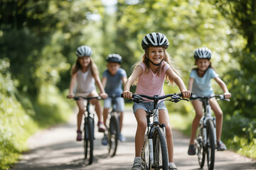Naklejka premium A joyful family of four rides bicycles along a scenic outdoor path, surrounded by lush greenery and trees, enjoying a fun and active day together in nature