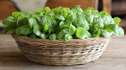 Fresh Green Lambs Lettuce in Wicker Basket