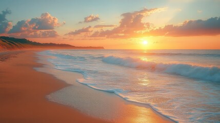 Fototapeta premium Waves rolling one by one, vast ocean, golden beach, distant glow, high-definition photography, 