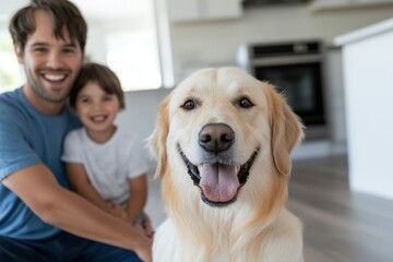 Family enjoying time with their pet dog at home