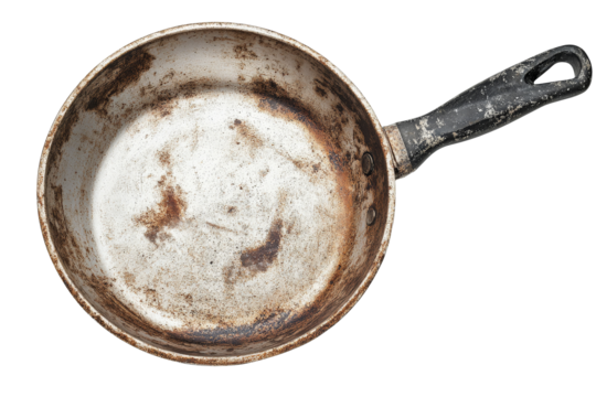 a dirty pan with a handle on a white background Cutout and isolated and transparent background image