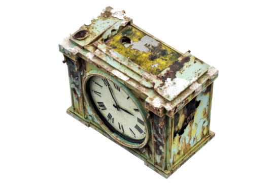 a clock with a broken face on a white background Cutout and isolated and transparent background image