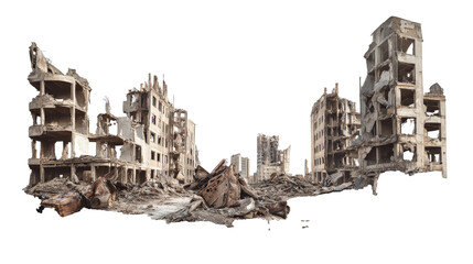 a destroyed city with a white background Cutout and isolated and transparent background image