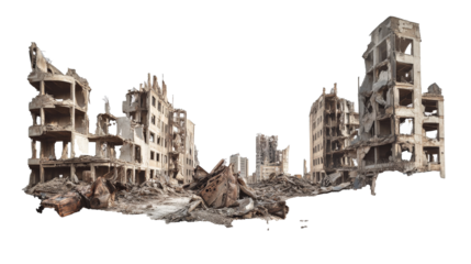 a destroyed city with a white background Cutout and isolated and transparent background image