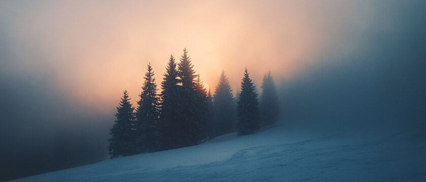 Dense fog surrounds tall pine trees on a snow covered hill while warm golden light breaks through creating a mystical and serene winter scene
