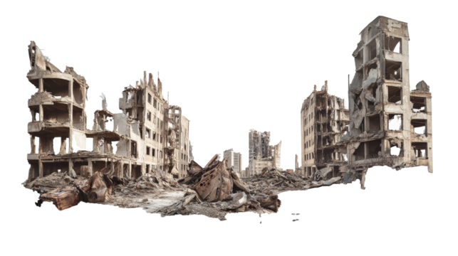 a destroyed city with a white background Cutout and isolated and transparent background image