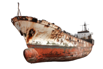 a rusted ship is sitting on the shore Cutout and isolated and transparent background image