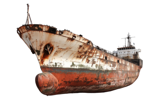 a rusted ship is sitting on the shore Cutout and isolated and transparent background image
