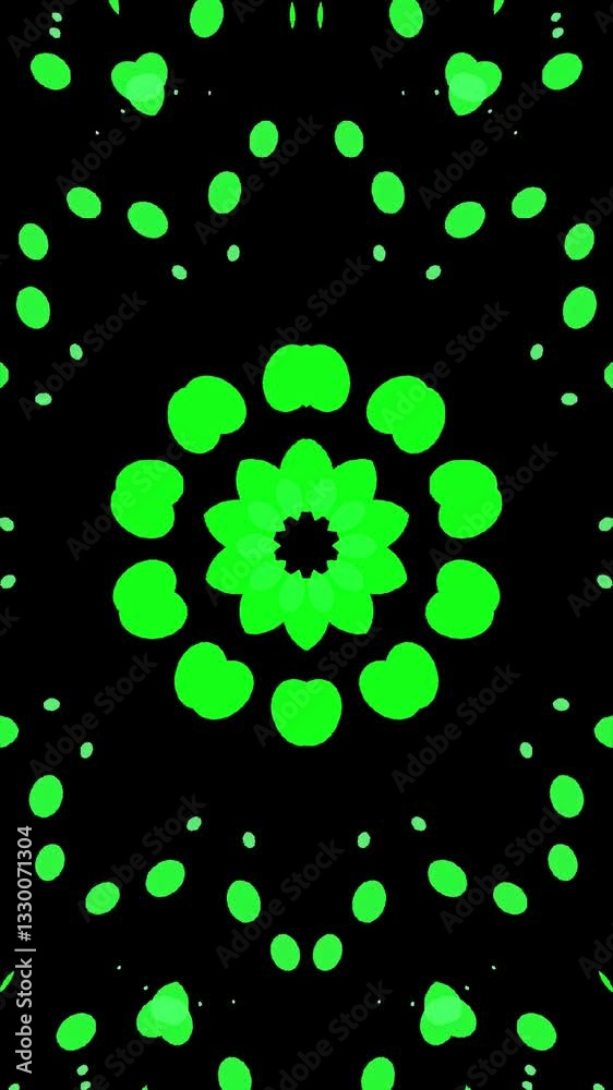 Aufkleber Neon Green Abstract Shamrock Pattern for Saint Patrick’s Day. Vertical video. Colorful green patterns create mesmerizing visual symmetry in a dark background display
