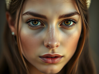  A striking portrait of a stunning blonde-brown-haired woman with a deep, intense gaze, radiating elegance and mystery in a captivating composition