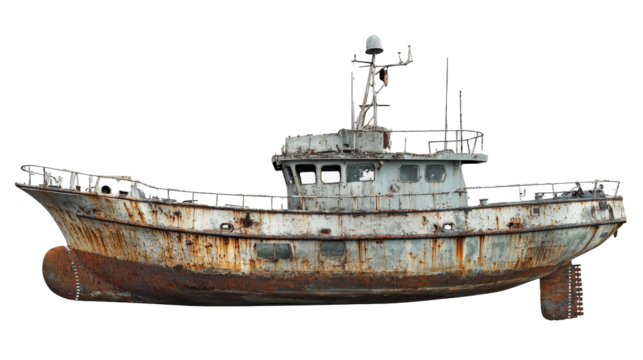 a rusted boat is sitting on the ground Cutout and isolated and transparent background image