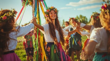 Naklejka premium Joyful Maypole Dance at Vibrant Spring Festival, Selective Focus