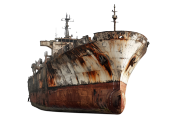 a rusted ship is sitting on the shore Cutout and isolated and transparent background image
