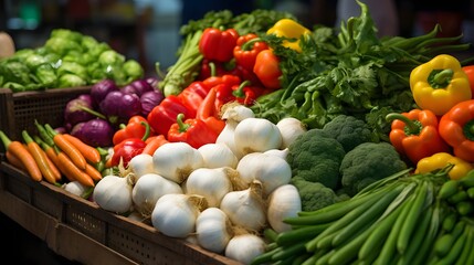 A variety of vegetables are displayed in a market, including broccoli, carrots