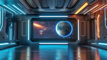 Obraz premium A 3D-rendered TV studio with a wall-mounted TV serves as an ideal backdrop for TV shows, news broadcasts, and green screen or chroma key video and photo