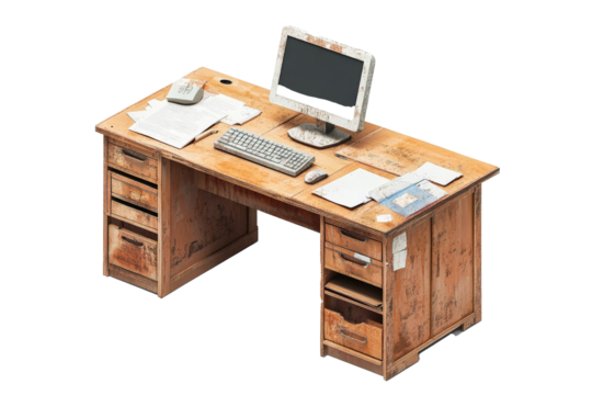 a computer desk with a keyboard and a monitor Cutout and isolated and transparent background image
