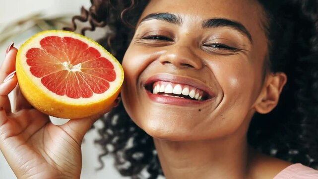 L&auml;chelnde Frau genie&szlig;t eine frische Grapefruit