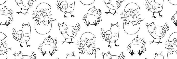 Cute Easter doodle pattern with funny yellow chick in various poses. Funny character in broken egg. Horizontal spring background. Vector outline illustration.