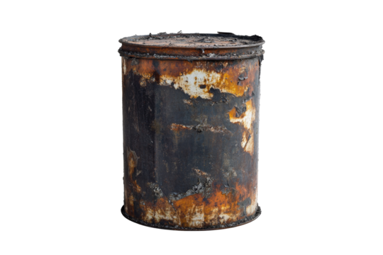 a rusted metal trash can on a white background Cutout and isolated and transparent background image