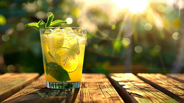 Erfrischendes Zitronengetr&auml;nk mit Eisw&uuml;rfeln auf Holztisch