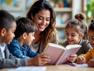 Fototapeta premium Engaging storytelling session with children in a cozy classroom