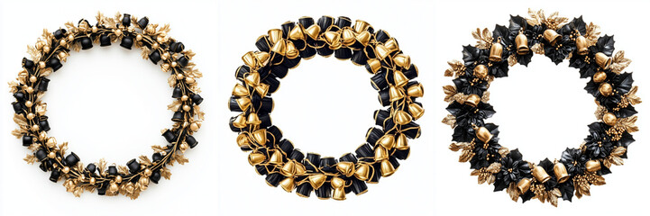  Set of a wreath with bells and leaves, Christmas round wreath with golden bells black flower isolated on a transparent background