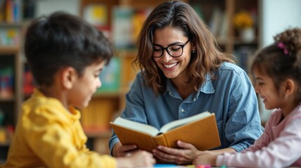 Joyful reading session fostering creativity in children with a caring adult in a cozy environment