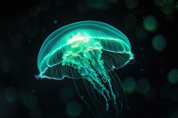 A mesmerizing bioluminescent jellyfish gracefully floats in the dark ocean depths, its tentacles trailing.