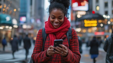 Happy Black Woman Walking in New York City While Smiling and Texting
