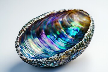 An iridescent abalone shell, a natural bowl with vibrant colors and intricate textures.