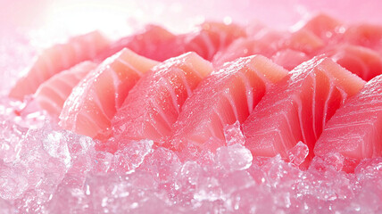 Fototapeta premium Stylish luxury food, Fresh sashimi slices arranged on ice, showcasing vibrant colors and textures
