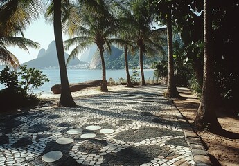 Beautiful beach with palm trees and a patterned stone floor in Rio de Janeiro, Brazil.