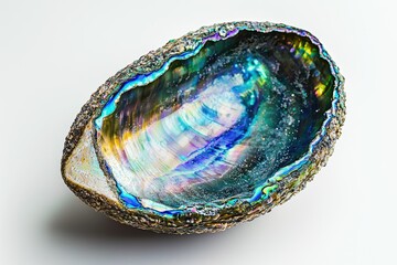 A mesmerizing iridescent abalone shell, showcasing vibrant blues, greens, and purples.