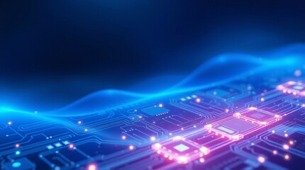Fototapeta premium Futuristic Glow, A Close-Up of a Circuit Board with Blue and Pink Light Effects