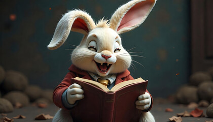 a cute adorable wacky bunny laughing reading a book, bunny reading cmoic book, created with generative ai