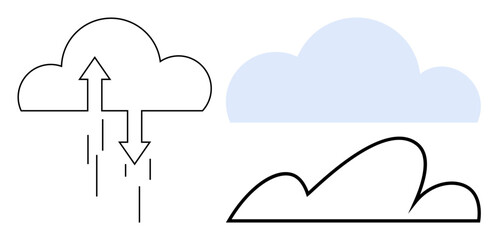 Three cloud designs highlight data exchange arrows, filled simplicity, and an outlined style. Ideal for communication, technology, storage, weather, ecology, minimalism abstract flat simple metaphor