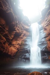 Waterfall Flowing in Rocky Canyon with Mist and Lush Vegetation