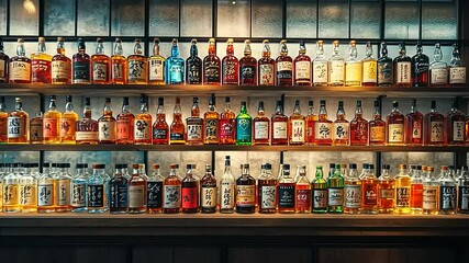 Colorful display of various whiskey bottles on shelf