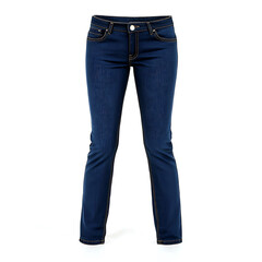 Dark blue denim jeans displayed standing featuring gold-colored stitching against a clean white backdrop.